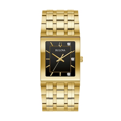 Men's Bulova Quadra Marc Anthony Diamond Accent Gold-Tone Watch with Black Square Dial (Model: 97D132)