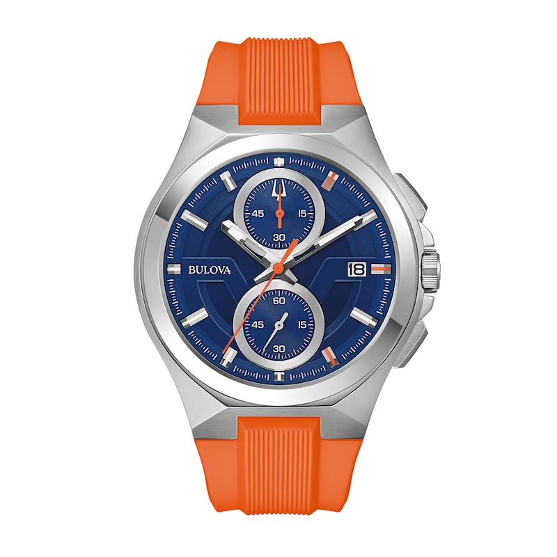 Men's Bulova Maquina Silver-Tone Chronograph Orange Strap Watch with Blue Dial (Model: 96B407)|Peoples Jewellers
