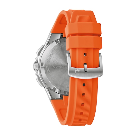 Men's Bulova Maquina Silver-Tone Chronograph Orange Strap Watch with Blue Dial (Model: 96B407)