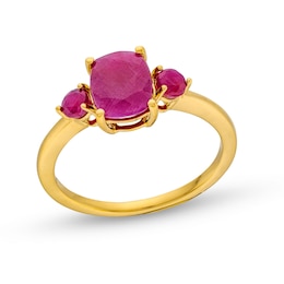 Elongated Cushion-Cut Cetified Ruby Three Stone Ring in 10K Gold