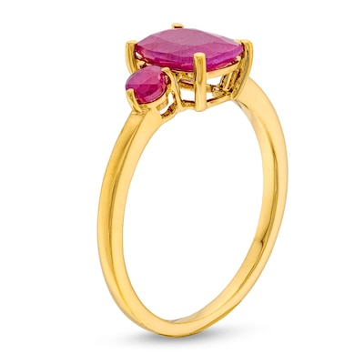 Elongated Cushion-Cut Certified Ruby Three Stone Ring in 10K Gold