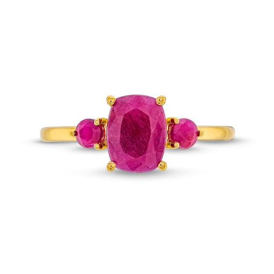 Elongated Cushion-Cut Certified Ruby Three Stone Ring in 10K Gold