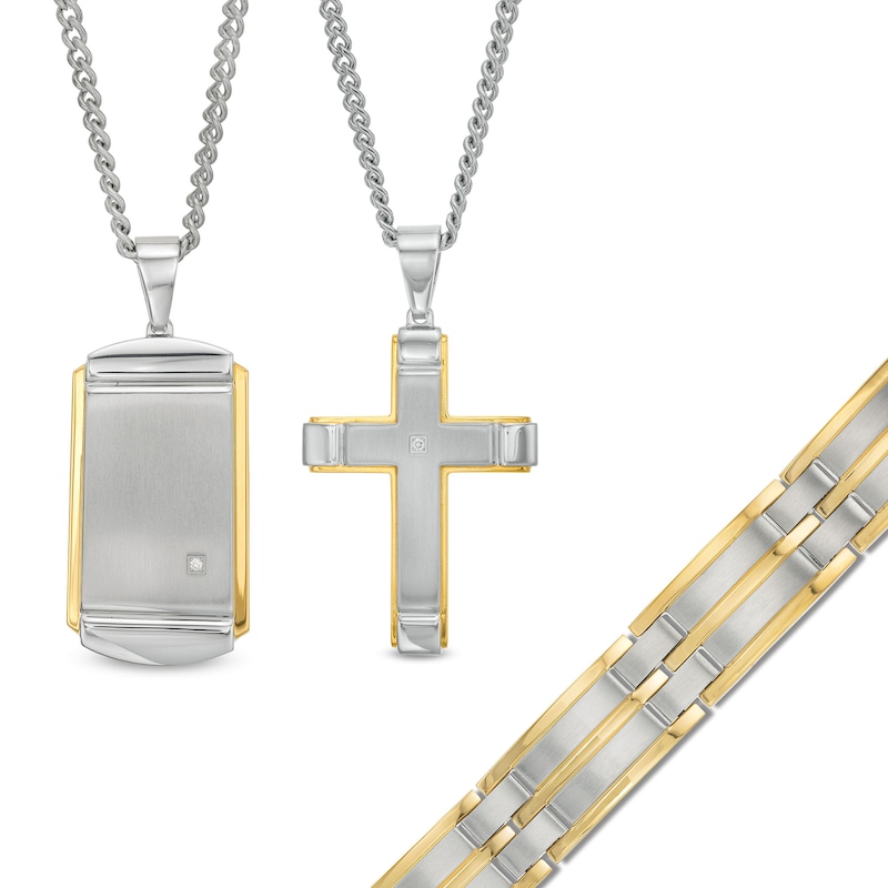 Men's Diamond Accent Dog Tag Pendant, Cross Pendant and Link Bracelet Set in Two-Tone Stainless Steel
