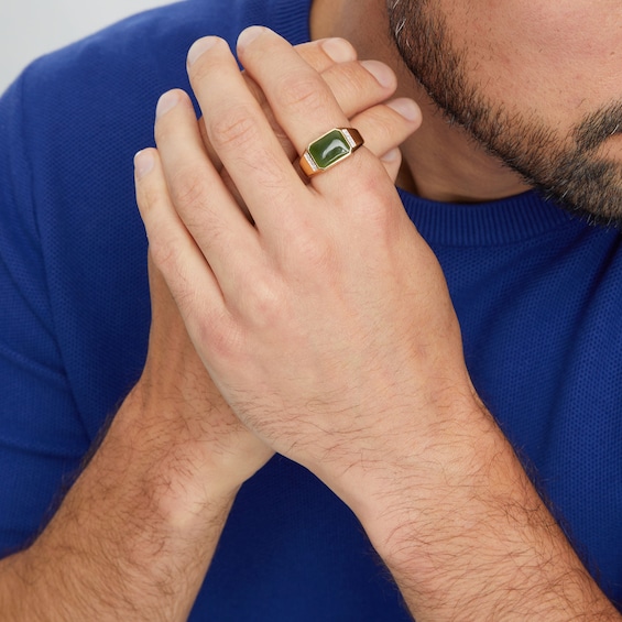 Men's Sideways Emerald-Cut Jade and 0.085 CT. T.W. Diamond Collar Ring in 14K Gold