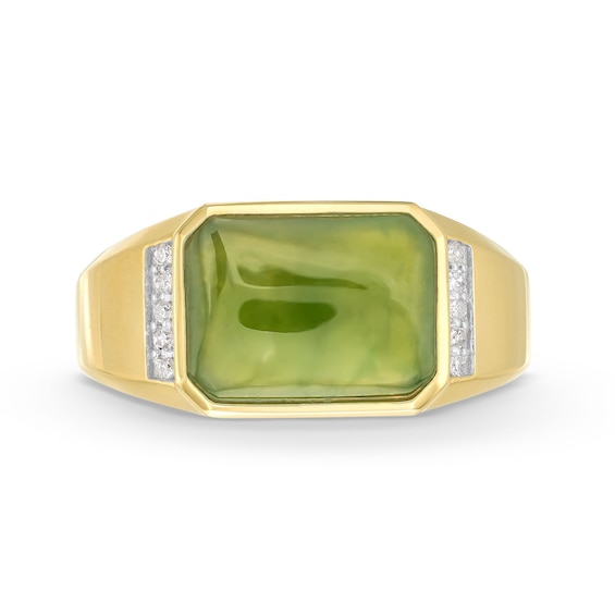 Men's Sideways Emerald-Cut Jade and 0.085 CT. T.W. Diamond Collar Ring in 14K Gold