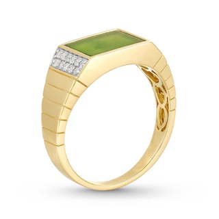 Men's Sideways Rectangular-Cut Jade and 0.145 CT. T.W. Diamond Collar Ring in 14K Gold