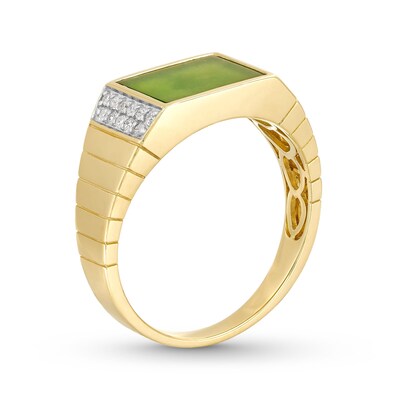 Men's Sideways Rectangular-Cut Jade and 0.145 CT. T.W. Diamond Collar Ring in 14K Gold