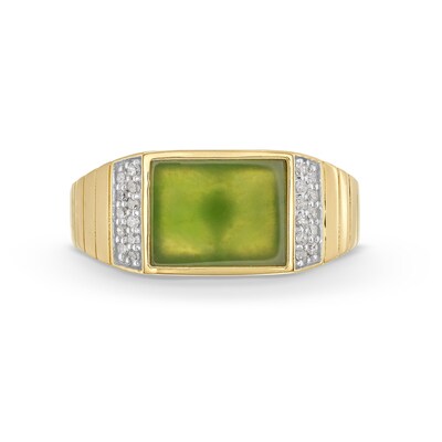 Men's Sideways Rectangular-Cut Jade and 0.145 CT. T.W. Diamond Collar Ring in 14K Gold