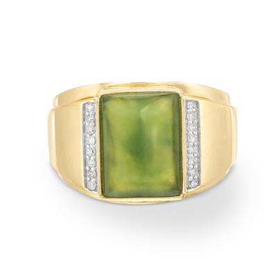 Men's Baguette-Cut Cabochon Jade and 0.115 CT. T.W. Diamond Collar Ring in 14K Gold