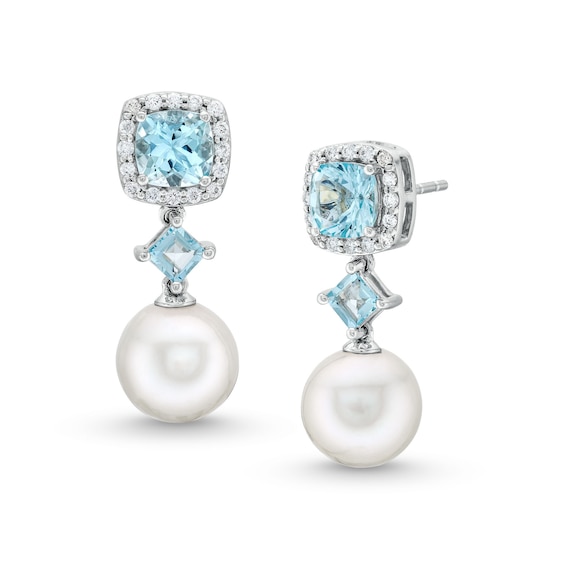 Freshwater Cultured Pearl, Aquamarine and 0.145 CT. T.W. Diamond Frame Dangle Drop Earrings in 10K White Gold