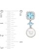 Freshwater Cultured Pearl, Aquamarine and 0.145 CT. T.W. Diamond Frame Dangle Drop Earrings in 10K White Gold