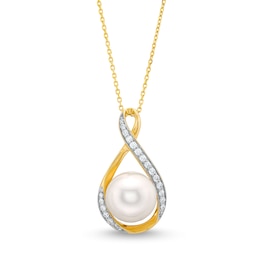 11.0mm Freshwater Cultured Pearl and 0.23 CT. T.W. Diamond Infinity Ribbon Pendant in 10K Gold