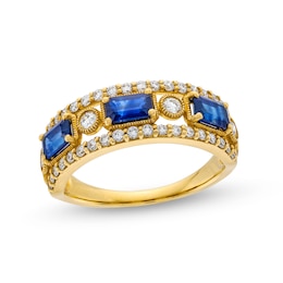 Sideways Emerald-Cut Blue Sapphire and 0.45 CT. T.W. Diamond Edge Art Deco Band in 10K Gold