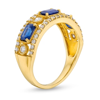 Sideways Emerald-Cut Blue Sapphire and 0.45 CT. T.W. Diamond Edge Art Deco Band in 10K Gold