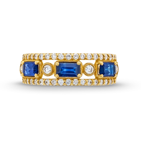 Sideways Emerald-Cut Blue Sapphire and 0.45 CT. T.W. Diamond Edge Art Deco Band in 10K Gold