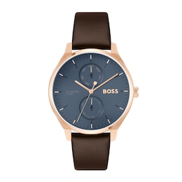 Men's Hugo Boss Tyler Rose IP Brown Leather Strap Watch with Dark Blue Dial (Model: 1514103)