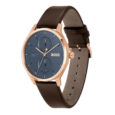 Men's Hugo Boss Tyler Rose IP Brown Leather Strap Watch with Dark Blue Dial (Model: 1514103)