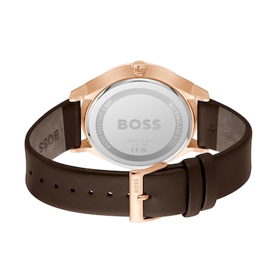 Men's Hugo Boss Tyler Rose IP Brown Leather Strap Watch with Dark Blue Dial (Model: 1514103)