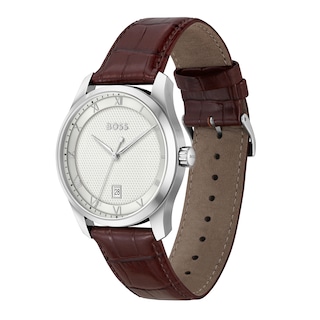 Men's Hugo Boss Principle Brown Leather Strap Watch with Textured Silver-Tone Dial (Model: 1514114)