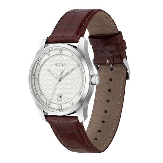 Men's Hugo Boss Principle Brown Leather Strap Watch with Textured Silver-Tone Dial (Model: 1514114)