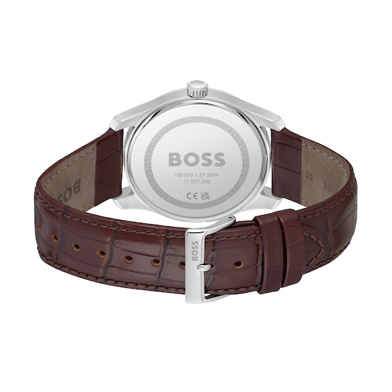 Men's Hugo Boss Principle Brown Leather Strap Watch with Textured Silver-Tone Dial (Model: 1514114)