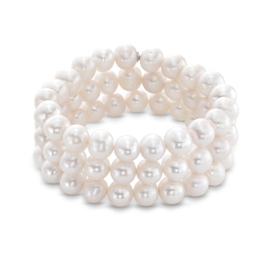 8.3-9.3mm Oval Freshwater Cultured Pearl Triple Row Stretch Bracelet