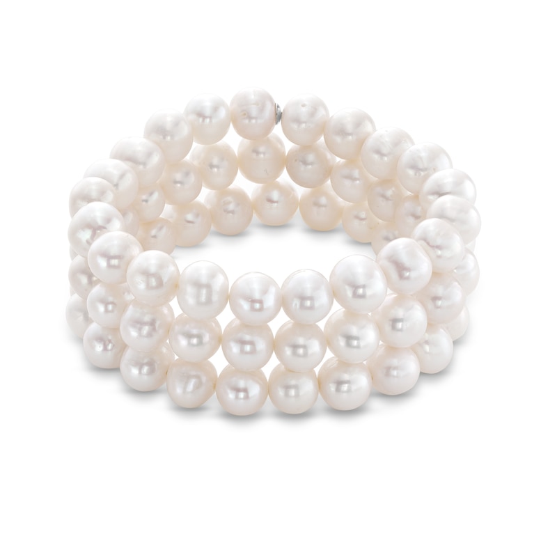 8.3-9.3mm Oval Freshwater Cultured Pearl Triple Row Stretch Bracelet|Peoples Jewellers