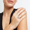 10.0mm Faceted Cushion-Cut White Lab-Created Sapphire Three Stone Ring in 10K Gold