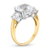 Thumbnail Image 2 of 10.0mm Faceted Cushion-Cut White Lab-Created Sapphire Three Stone Ring in 10K Gold