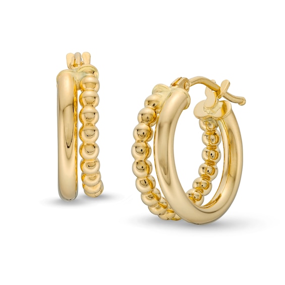 Polished and Beaded Split Hoop Earrings in Hollow 14K Gold