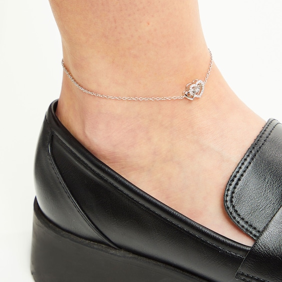 Unstoppable Love™ 0.085 CT. T.W. Diamond Interlocking Hearts Anklet in Sterling Silver - 10.0"