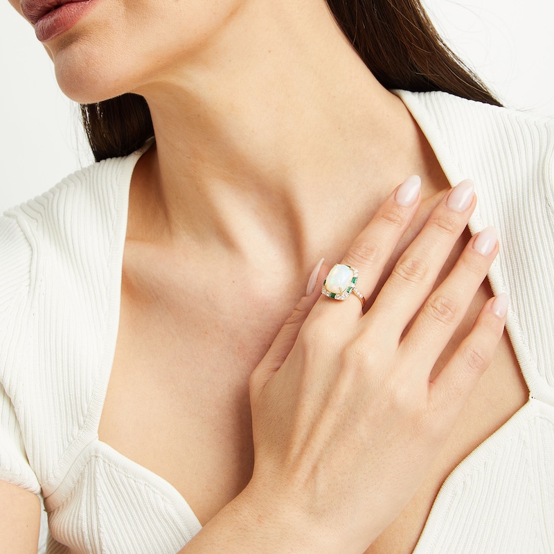 EFFY™ Collection Cushion Opal, Emerald and 0.45 CT. T.W. Diamond Frame Ring in 14K Gold|Peoples Jewellers