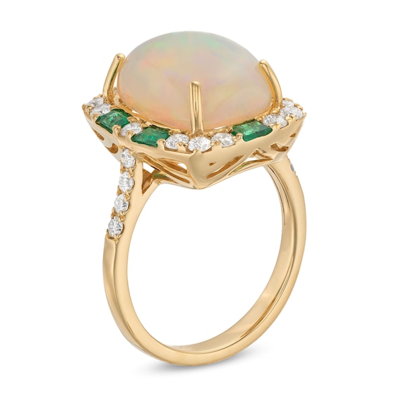 EFFY™ Collection Cushion Opal, Emerald and 0.45 CT. T.W. Diamond Frame Ring in 14K Gold