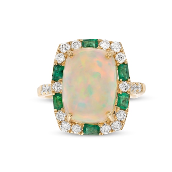 EFFY™ Collection Cushion Opal, Emerald and 0.45 CT. T.W. Diamond Frame Ring in 14K Gold