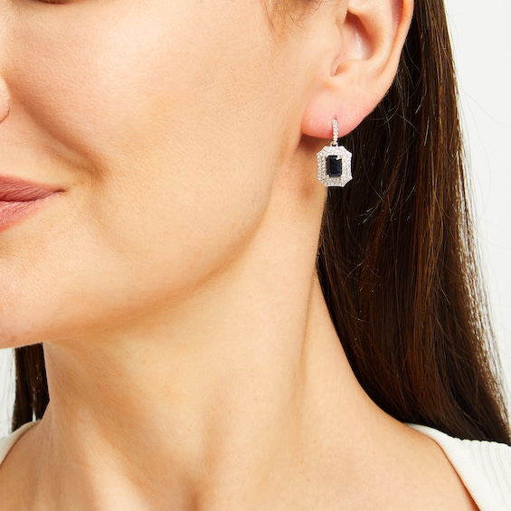 Black Sapphire and White Lab-Created Sapphire Drop Earrings in Sterling Silver