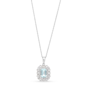 Emerald-Cut Aquamarine and White Lab-Created Sapphire Pendant in Sterling Silver