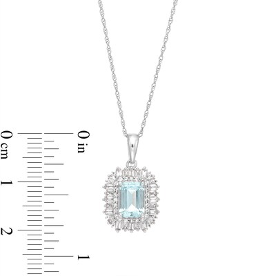 Emerald-Cut Aquamarine and White Lab-Created Sapphire Pendant in Sterling Silver