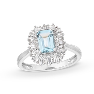 Emerald-Cut Aquamarine and White Lab-Created Sapphire Ring in Sterling Silver