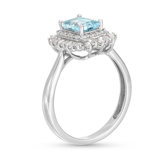 Emerald-Cut Aquamarine and White Lab-Created Sapphire Ring in Sterling Silver