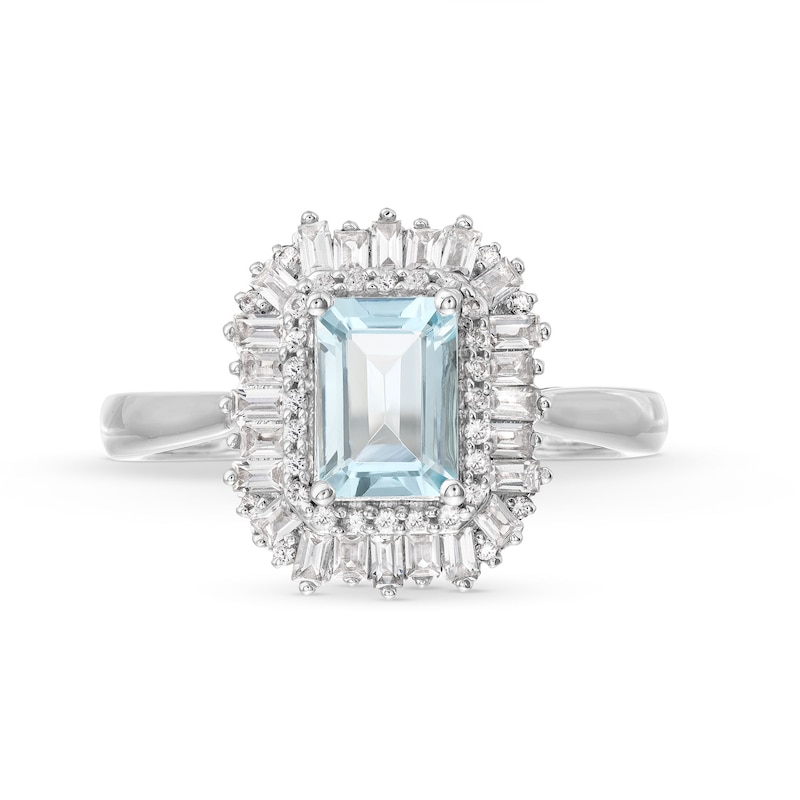 Emerald-Cut Aquamarine and White Lab-Created Sapphire Ring in Sterling Silver