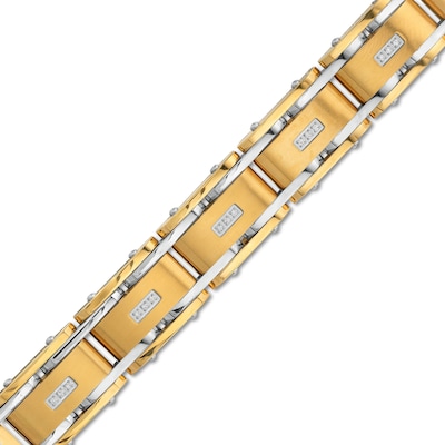 Men's 0.10 CT. T.W. Diamond Three Stone Station Link Bracelet in Stainless Steel and Yellow Ion-Plate - 8.5"