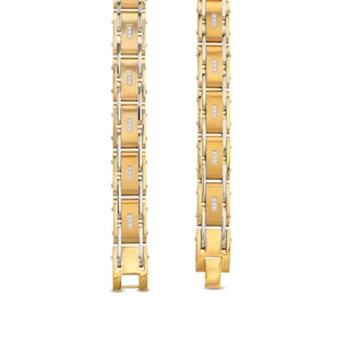 Men's 0.10 CT. T.W. Diamond Three Stone Station Link Bracelet in Stainless Steel and Yellow Ion-Plate - 8.5"