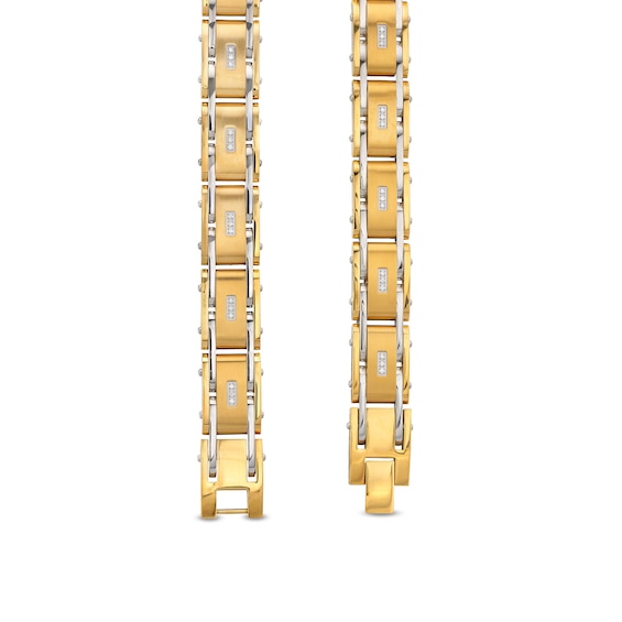 Men's 0.10 CT. T.W. Diamond Three Stone Station Link Bracelet in Stainless Steel and Yellow Ion-Plate - 8.5"