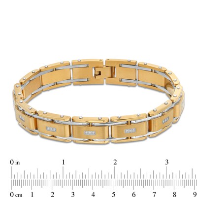 Men's 0.10 CT. T.W. Diamond Three Stone Station Link Bracelet in Stainless Steel and Yellow Ion-Plate - 8.5"