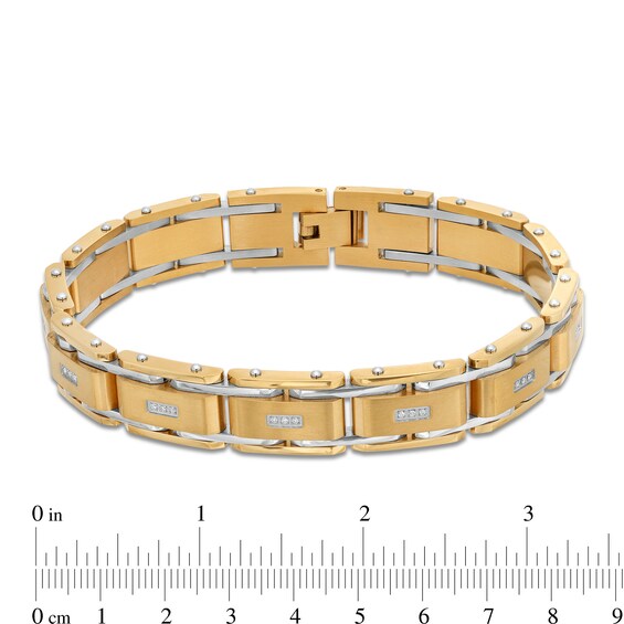 Men's 0.10 CT. T.W. Diamond Three Stone Station Link Bracelet in Stainless Steel and Yellow Ion-Plate - 8.5"