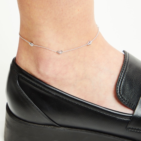 0.08 CT. T.W. Pear-Shaped Multi-Diamond Teardrop Station Anklet in Sterling Silver