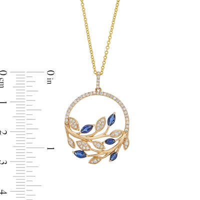 EFFY™ Collection Blue Sapphire and 0.29 CT. T.W. Diamond Leaves Pendant in 14K Gold