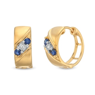 Men's Blue Sapphire and Diamond Accent Slanted Three Stone Huggie Hoop Earrings in 14K Gold