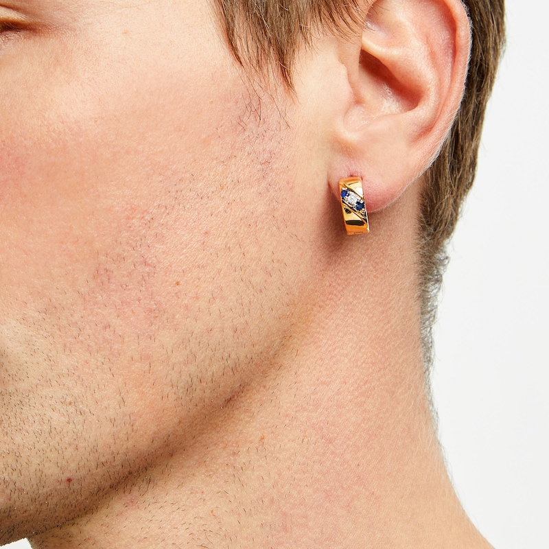 Men's Blue Sapphire and Diamond Accent Slanted Three Stone Huggie Hoop Earrings in 14K Gold|Peoples Jewellers