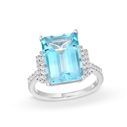 Emerald-Cut Blue Topaz and White Lab-Created Sapphire Ring in Sterling Silver